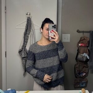 American Eagle Outfitters Grey Striped Chunky Knit Sweater Womens Medium Cotton